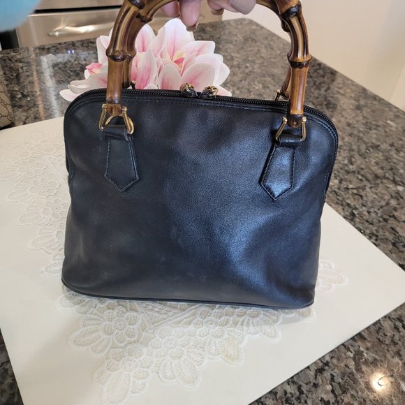 GUCCI 2 BAMBOO HANDLES~ BLACK LEATHER~ HANDBAG - Picture 6 of 13